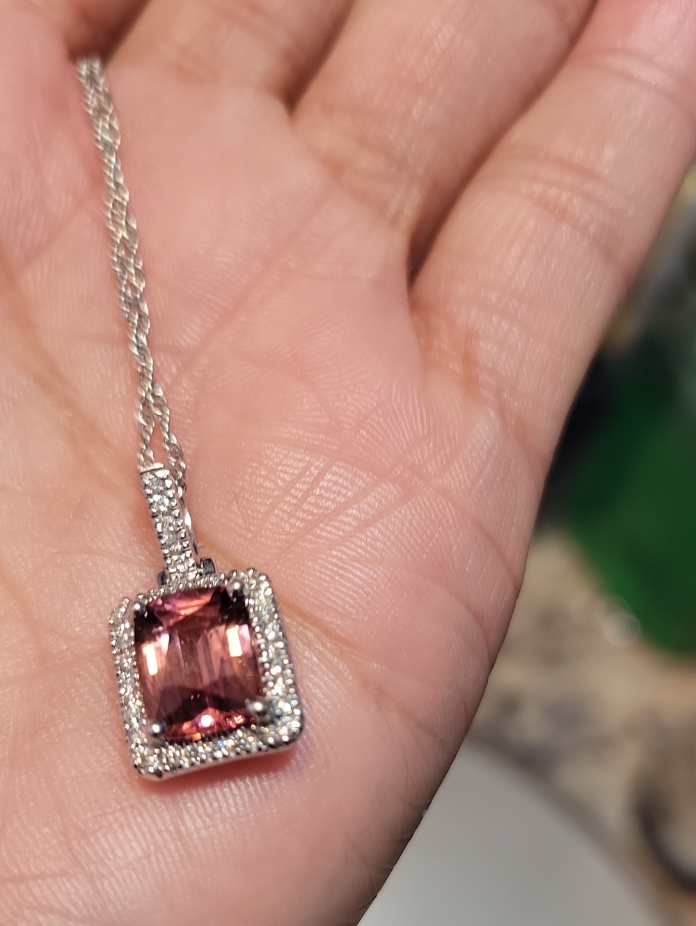 14k White Gold 4ct Pink Rubellite Diamond Halo Pendant Necklace